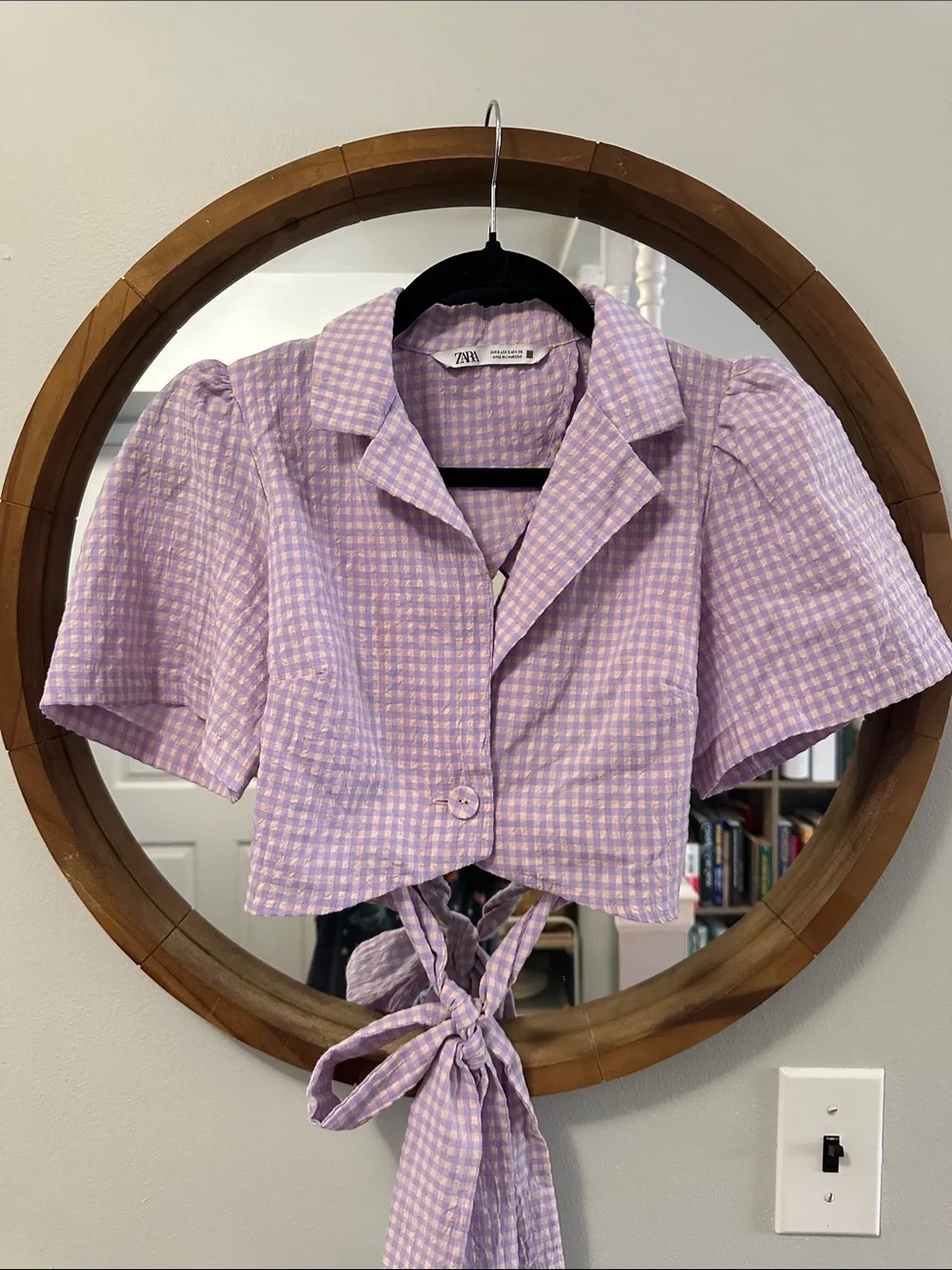 Zara Lavender Gingham Tie-Back Crop Blouse,m